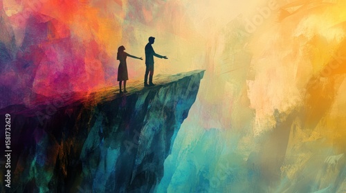 Two figures stand on a precipice, separated by distance and emotion.