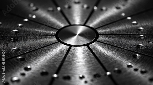 Monochrome Abstract: Concentric Metal Texture with Radial Divisions and Rivets