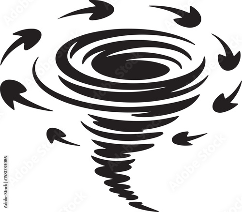Black tornado silhouette with swirling arrows cyclone vortex