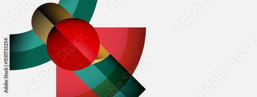 Abstract composition features vibrant red circle intersected by curved green, gold shapes. Minimalist design, clean lines, modern aesthetic.