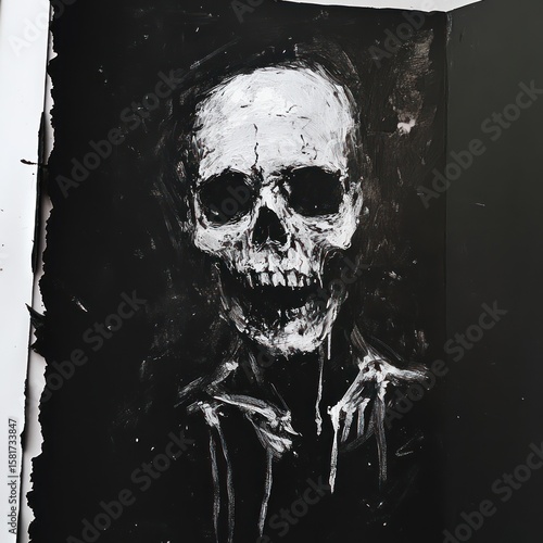 A monochrome portrait of a skull.