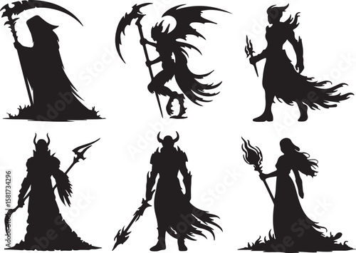 Grim reaper demon warrior sorceress silhouettes vector