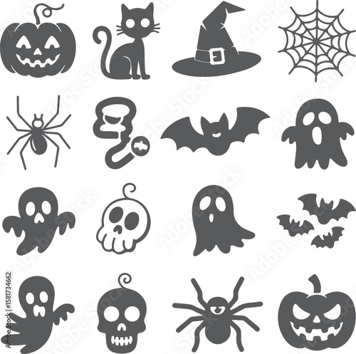 Halloween icons spooky creatures and symbols silhouette pumpkin witch hat