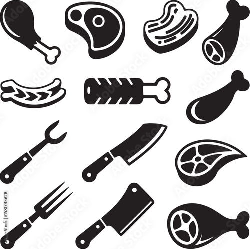 Raw meat cuts and butcher knives collection steak chicken leg
