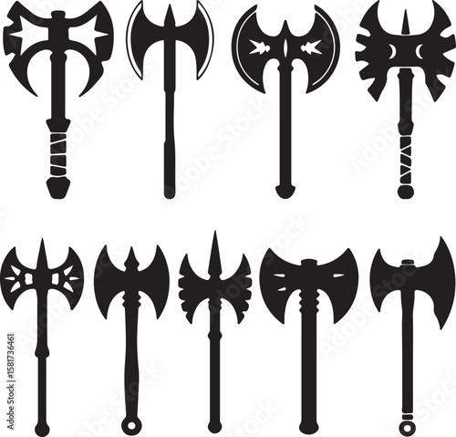 Various stylized double headed axes and single headed axes double axe battle axe