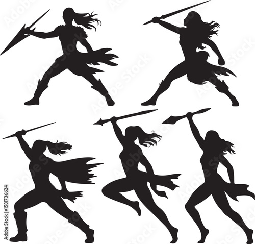 Warrior women silhouettes with spears in dynamic poses fighting