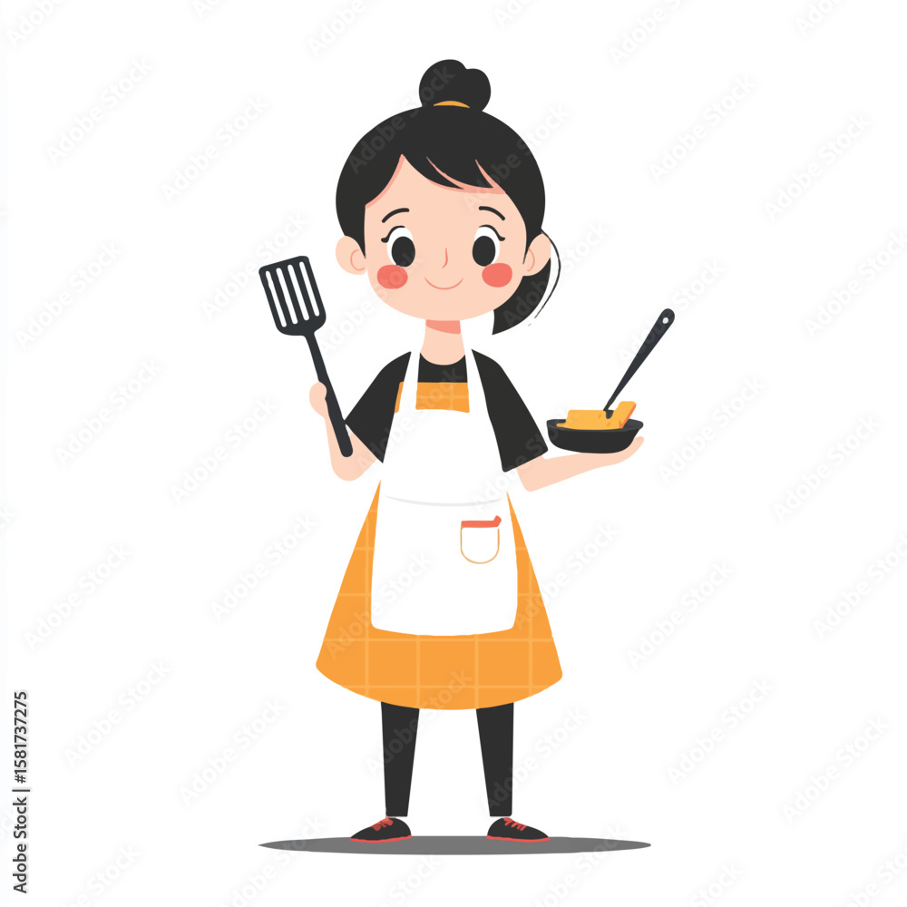 a girl wearing apron and holding spatula a girl wearing apron and holding spatula