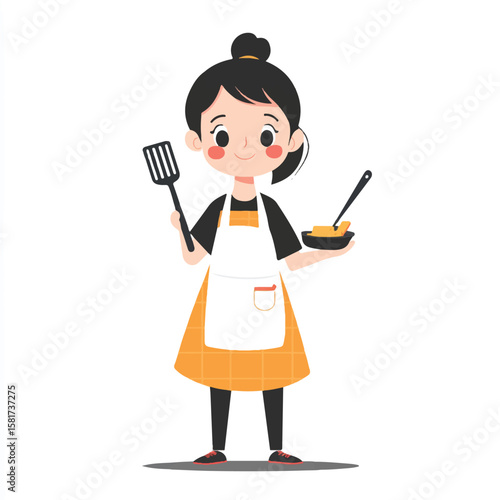 a girl wearing apron and holding spatula