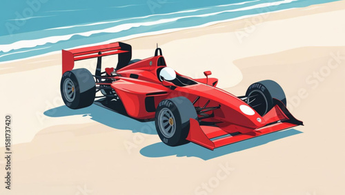 Red Formula 1 racing car on tropical beach with ocean waves and sandy shore background