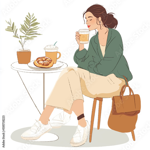 a girlsitting at cafe with pastry and latte