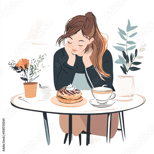 a girlsitting at cafe with pastry and latte