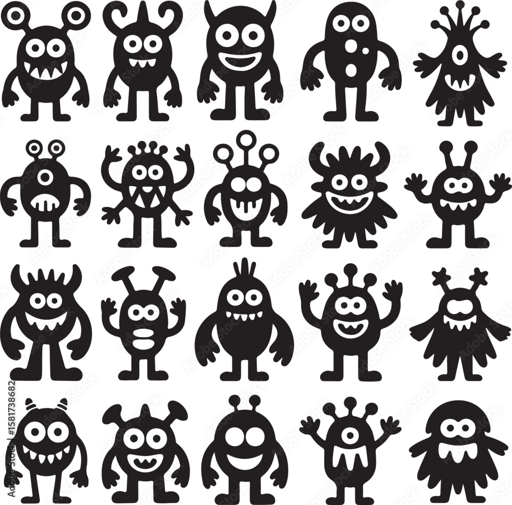 Fototapeta premium Diverse cartoon monster silhouettes with varied features and expressions creature alien