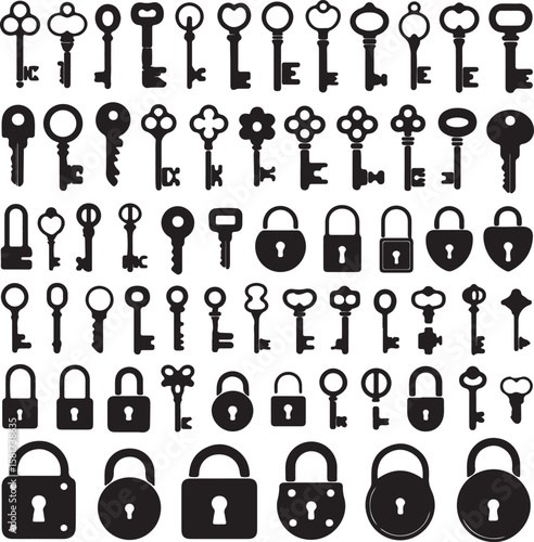 Collection of antique keys and padlocks vintage security