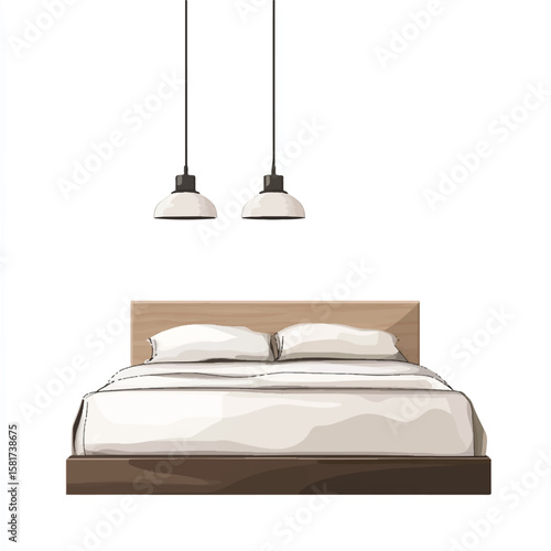 a hanging pendant lamp above a minimalist bed