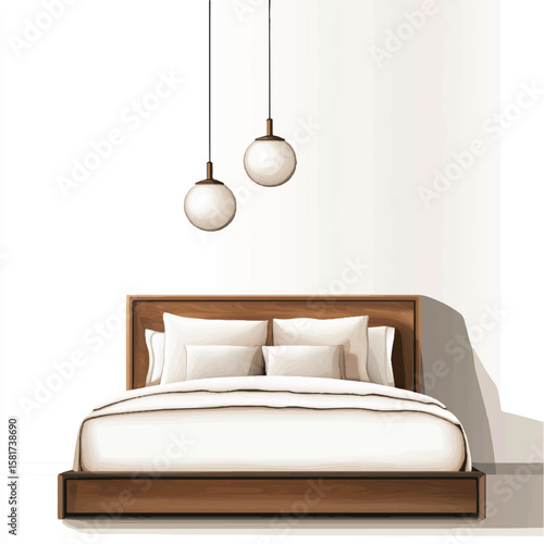a hanging pendant lamp above a minimalist bed
