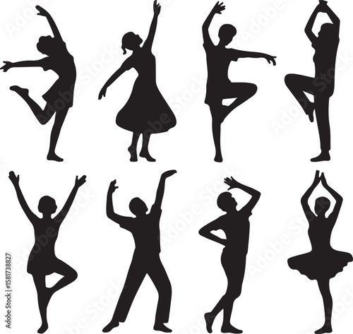 Diverse dancers performing graceful ballet poses silhouette movement