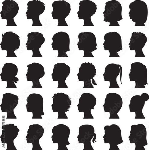 Diverse human head profiles in black silhouette heads faces