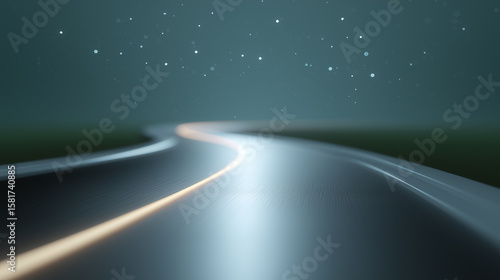 A blurred, low angle abstract shows a winding road with a glowing orange line, receding into a dark, star-speckled sky, conveying a sense of journey, speed, or a digital pathway through space.