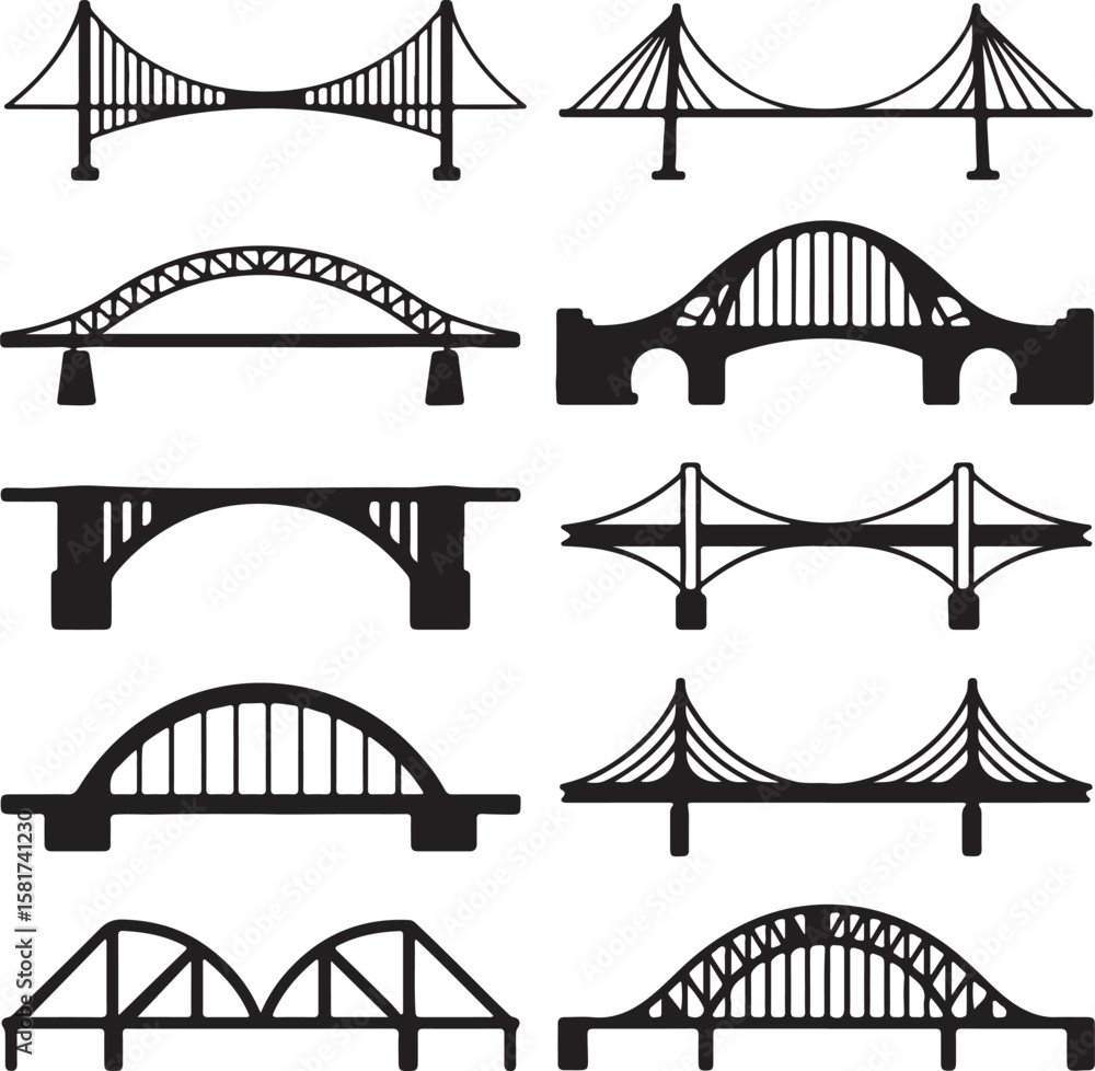 Obraz premium Various bridge silhouettes spanning different architectural styles suspension bridge