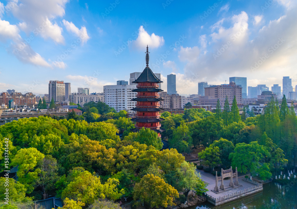 Fototapeta premium Aerial view of Feiying Tower in Huzhou City, Zhejiang Province, China
