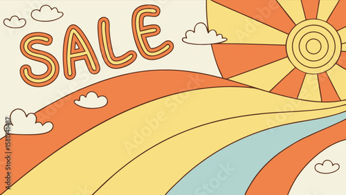 Retro sale banner design with sun, clouds, and wavy lines for promotional marketing and advertising needs