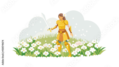 Illustration of a warrior woman in golden armor holding sword standing in a field of white flowers art