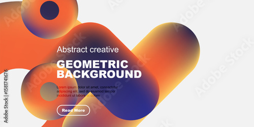 Abstract shapes, vibrant colors create modern geometric background. Text promotes further exploration via button.