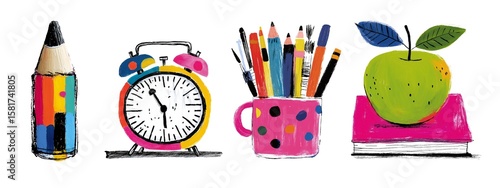 Colorful stationery items, pencil, clock, and apple,  Back to School Concept icon
