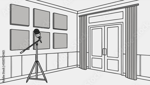 Podcast recording studio setup with microphone and acoustic panels for soundproofing and audio quality