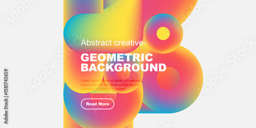 Bright abstract shapes overlap, creating vibrant geometric background. Text includes title, sample text, button. Modern design elements present.