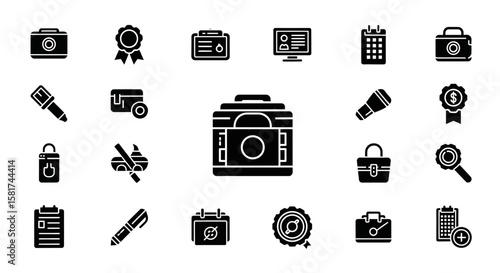 Black Camera Icon with Circular Lens and Handle.