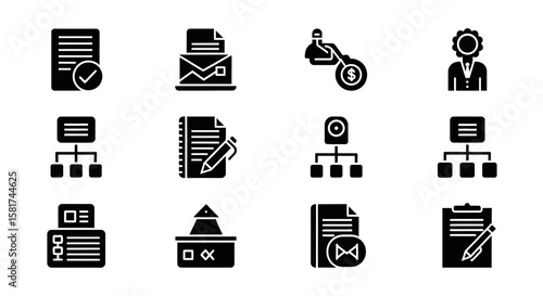 Collection of Black and White Business Icon Set.