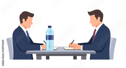 Two Businessmen Writing at Table with Water Bottle.