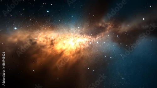 Cosmic nebula with orange and blue hues, glowing gas clouds and distant stars in a dark space background.  Intricate details and textures are visible within the nebular formations. Video capture of