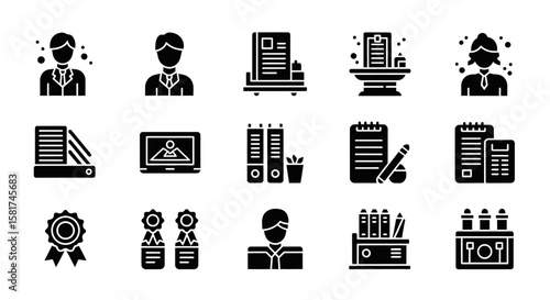 Collection of Business Icons in Black Silhouette Style.