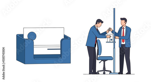Businessmen Interacting with Time Clock and Business Card Holder.