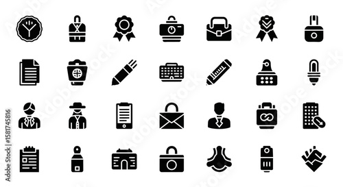 Collection of Black and White Business Icons.