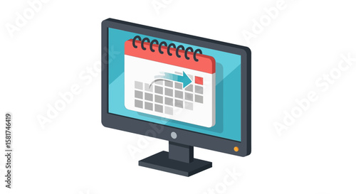 Isometric View of Computer Monitor with Calendar Icon.