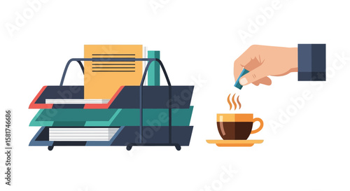 Office Desk Organizer with Coffee and Hand Adding Sugar.