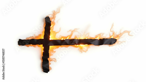 Symbol A cross mark crafted from burnt paper, styled in a burned concept, viewed in angled burn layout on white background (2)