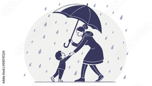 Mother Holding Umbrella for Child in Rain – Emotional Family Silhouette