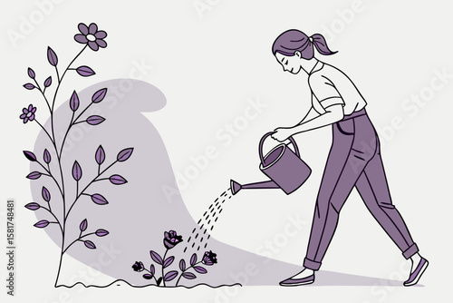 Woman Watering Her Own Shadow – Self-Nourishment Growth Silhouette