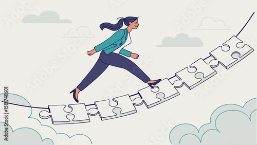 Woman Walking Across Disconnecting Puzzle Bridge – Finding Alignment Silhouette