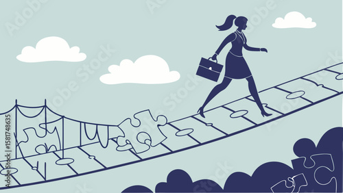 Woman Walking Across Disconnecting Puzzle Bridge – Finding Alignment Silhouette