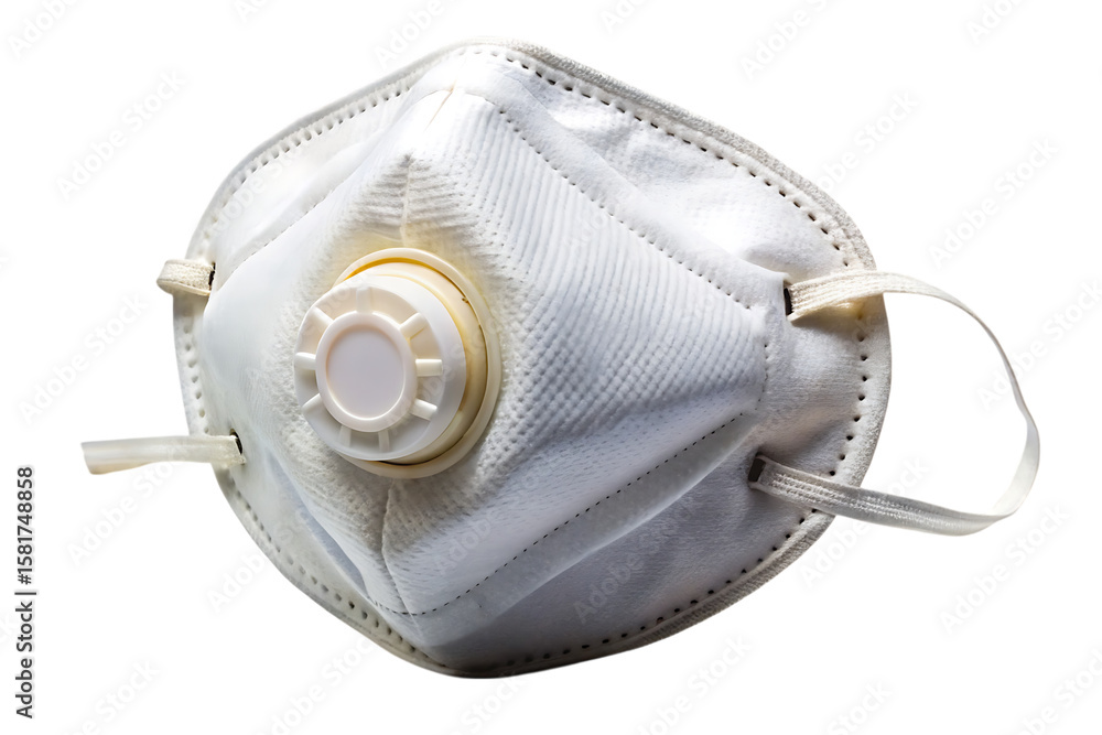 Naklejka premium White respirator mask with white and yellow valve and elastic straps isolated on a transparent background