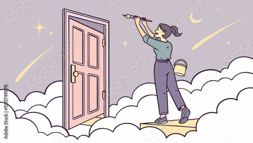 Woman Painting a Door on a Cloud – Reality Creator Silhouette