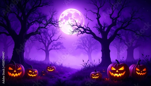 Purple Halloween Background with Trees, Pumpkins, Fog, and Full Moon