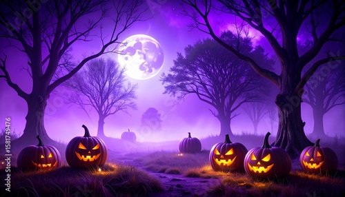 Spooky Halloween Night with Purple Fog, Pumpkins, Trees, and Moon