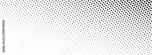 Fading triangle halftone texture gradient. Black and white abstract geometric background. Tech triangular halfton gradation pattern. Vector vanishing mosaic arrow wallpaper for banner, booklet, poster