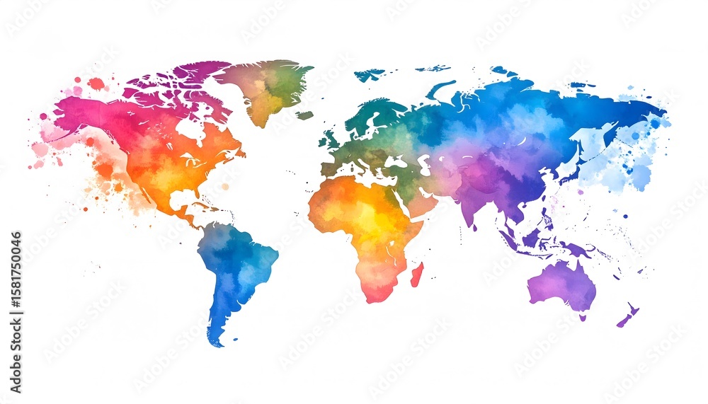 Fototapeta premium Watercolor World Map with Vibrant Rainbow Colors on White Background